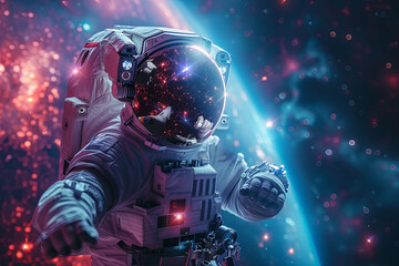 Astronaut man in a spacesuit is floating in space and to be reaching out - Powered by Adobe