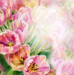 Pink tulips floral background. Watercolor illustration. - 771751459