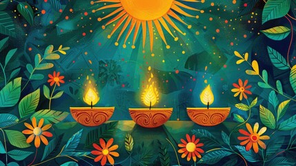 A Sinhala New Year greeting card featuring traditional motifs such as the sun, representing the dawn of a new year, and oil lamps, symbolizing light and hope. - obrazy, fototapety, plakaty