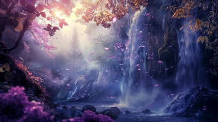 Enchanted forest waterfall with magical pink leaves falling. Fantasy and nature concept for background or wallpaper