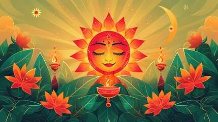 Naklejka premium A Sinhala New Year greeting card featuring traditional motifs such as the sun, representing the dawn of a new year, and oil lamps, symbolizing light and hope.