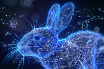 A mesmerizing particle wireframe-based visualization featuring a glowing translucent background with the silhouette of a rabbit, ideal for futuristic and nature-themed designs - obrazy, fototapety, plakaty