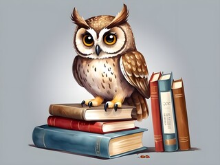 watercolor owl with books isolated.