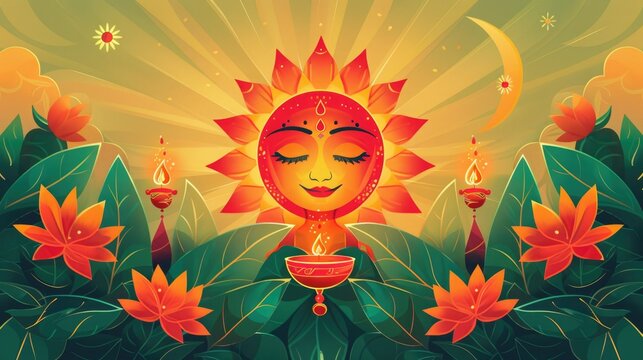 A Sinhala New Year greeting card featuring traditional motifs such as the sun, representing the dawn of a new year, and oil lamps, symbolizing light and hope.