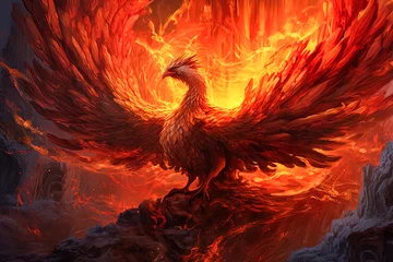 Gordijnen A red bird with flames on its wings flying through a rocky landscape. © Алла Морозова