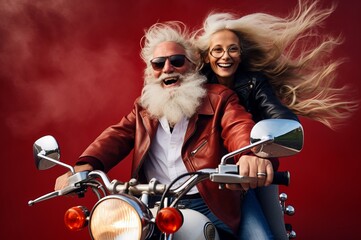 Fototapeta na wymiar Adventurous Couple motorbike selfie happy. Fun travel. Generate Ai