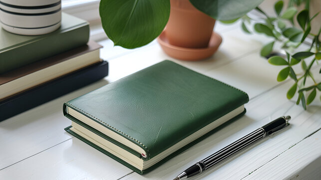 Above photo of notebook green plant and black pen isolated on the grey background with empty space
