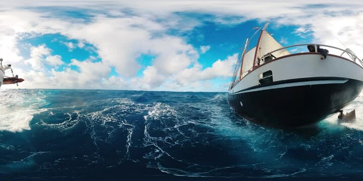360 VR footage of the sailing in Antarctica. Sailing vessel crossing the Drake Passage and departing from the Antarctica