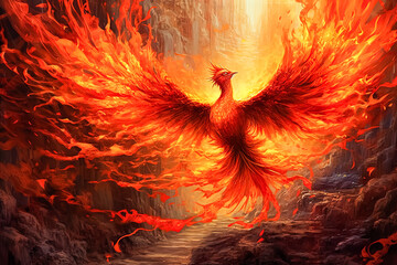 A red bird with flames on its wings flying through a rocky landscape - obrazy, fototapety, plakaty