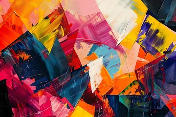 : A vibrant explosion of color and shapes, with sharp lines and bold contrasts