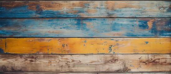 Obraz premium A detailed shot of a wooden wall painted in electric blue and yellow, showcasing a geometric pattern that resembles wood flooring