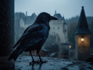 Black raven stands on stone parapet in front of blurred cityscape with lit window in distance while it raining heavily. - obrazy, fototapety, plakaty