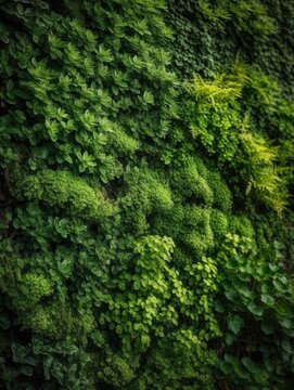 Green wall covered with various plants, including mosses, ferns, other small plants. Plants arranged in dense, textured pattern, creating lush, vibrant visual effect.