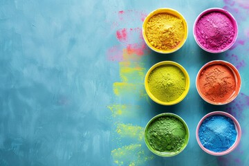 holi paint color powder bowls. Handcrafted bowls filled with colorful powder on blue surface. Copy Space. Generative AI