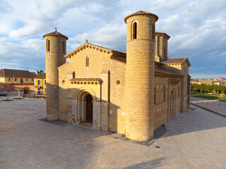 Aerial view of famous romanesque church San Martin de Tours in Fromista, Palencia, Spain. High quality photo