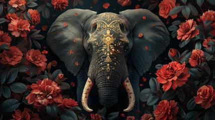 Foto op Canvas Elegant Elephant: Intricate, dark design amidst lush florals.generative ai © LomaPari2021