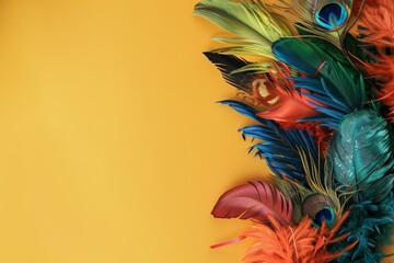 Vibrant feathers artfully arranged on a sunny yellow . Copy Space. Generative AI