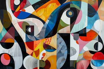 : A whimsical, abstract painting that combines geometric shapes and organic forms