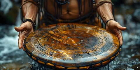 A shaman drum with intricate designs used in spiritual rituals to connect with the spirit world. Concept Spiritual Rituals, Shaman Drum, Intricate Designs, Connection with Spirit World