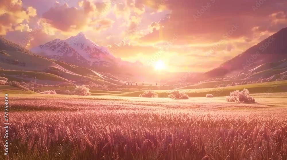Poster a photo captures a field with a majestic mountain rising behind it, while the sun descends in the ce