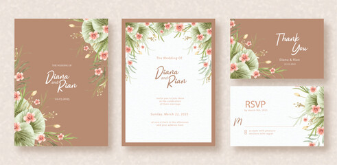 Fototapeta na wymiar hand painting of tropical flower and leaves with brown background on wedding invitation