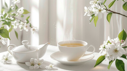 Cup of tea and teapot on white tablecloth with blooming branches. AI.