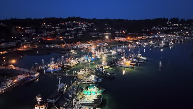 Drone View over the Yaquina Bay Harbor Commercial Fishing Industry Evening