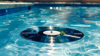 
Retro record floats on pool surface. Summer pool party concept.