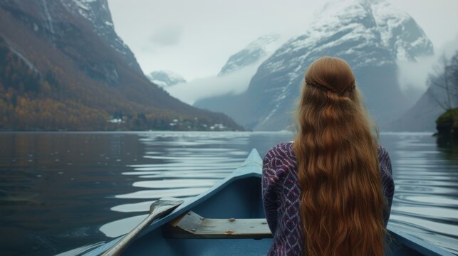  A female with lengthy, fiery red locks resting in an azure vessel on a tranquil water body surrounded by majestic mountains