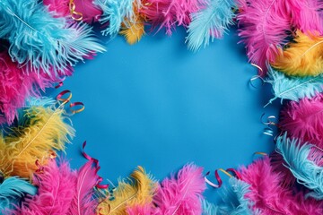 Fototapeta na wymiar Product made of colorful feathers on aqua background. Copy Space . Generative AI