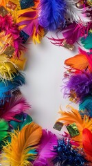 Natures vibrant display colorful feathers on a white surface. Copy Space. Generative AI