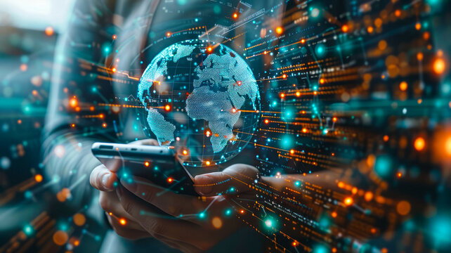 Hands typing on laptop keyboard overlaid with digital cybersecurity elements, global networking theme, data transmission, digital infrastructure.