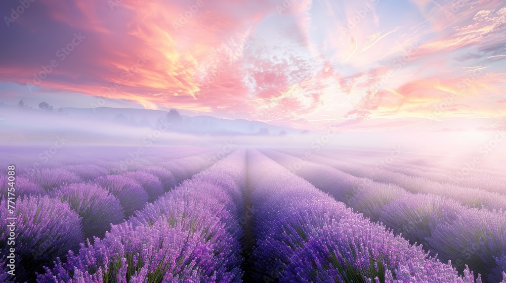 Poster a lavender field under a cloudy sky with a dual-colored backdrop and tree line in the foreground