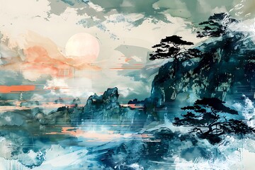 abstract Chinese landscape - raster illustration