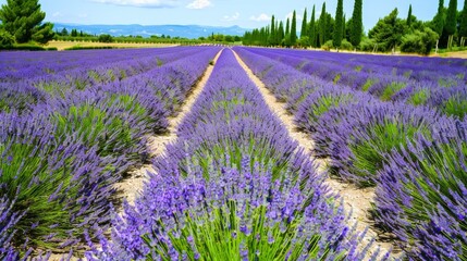 Obraz premium Lavender fields with blue skies, mountain backdrop in rural France