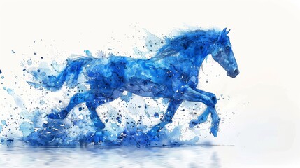 Obraz na płótnie Canvas Painting of blue horse galloping through water with splashes of paint on its body.