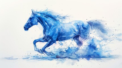  Blue horse running in blue water with splashed paint - obrazy, fototapety, plakaty