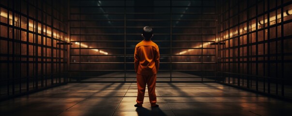 Bad kid is in reform school in orange suit  looking like prisoner, banner. Generative Ai - obrazy, fototapety, plakaty