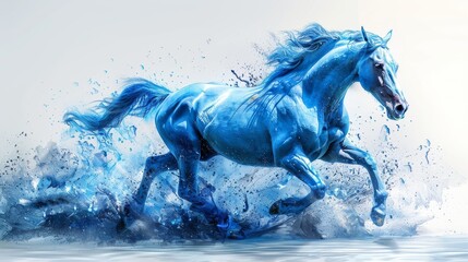 Obraz na płótnie Canvas A blue horse galloping through water, with splashes on its back and legs