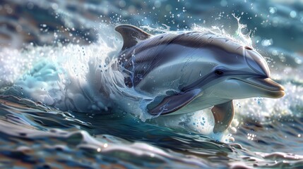  A dolphin swimming in water with a splash on its face, head emerging from the depths