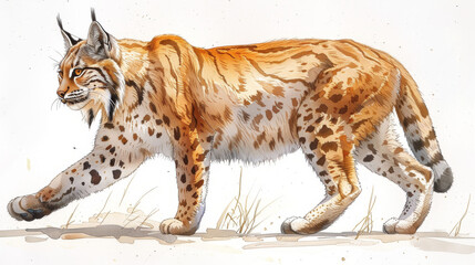  Watercolor artwork of a lynx strolling amidst tall grass, boasting brown and black fur patches