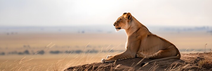 Lioness gazing over savanna. African savannah and wildlife concept. National Reserve, Kenya....