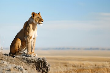 Lioness sitting on rock looking into distance. African savannah and wildlife concept. National...