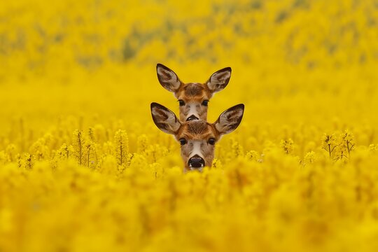 An image of a young deer in the middle of a bright yellow canola field.