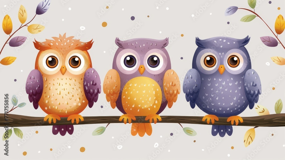 Poster three owls perch on a leaf-covered tree branch against a white backdrop with a snowflake in the dist