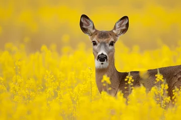 Plexiglas foto achterwand An image of a young deer in the middle of a bright yellow canola field. © crescent