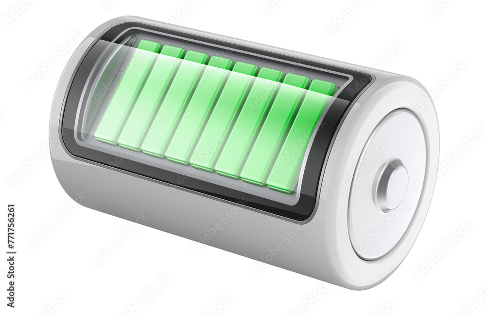 Poster fully charged battery, 3d rendering isolated on transparent background