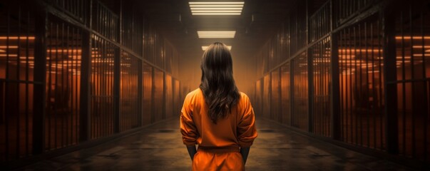 Women prisoner in orange suit lives in prison, banner. Generative Ai - obrazy, fototapety, plakaty