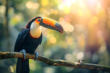 Fototapeta premium Toucan on branch in nature background. African savannah and wildlife concept. National Reserve, Kenya. Design for banner, poster with copy space