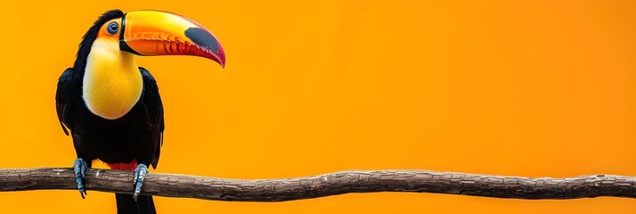 Fototapeta premium Toucan on branch against orange background. African savannah and wildlife concept. National Reserve, Kenya. Design for banner, poster with copy space. 